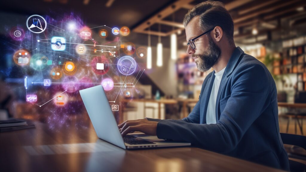 "Man Hand Working on Laptop Computer about Digital Marketing"